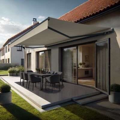 Store banne monobloc ALASKA (Motorisé à télécommande + manœuvre de secours - Écru - Gris anthracite - 5,98 x 3,50m)