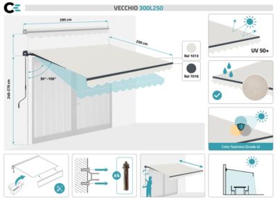 Store banne monobloc Beige VECCHIO 3m x 2,5m - Toile premium 320g/m2