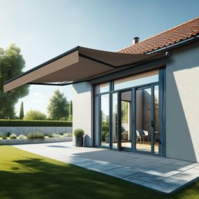 Store banne monobloc ESPAI 4,00x3,50m (Motorisé à interrupteur + manœuvre de secours - Taupe - Gris anthracite)