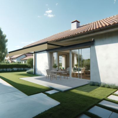 Store banne monobloc ESPAI 5,00x3,00m (Manuelle - Ecru - Gris anthracite)