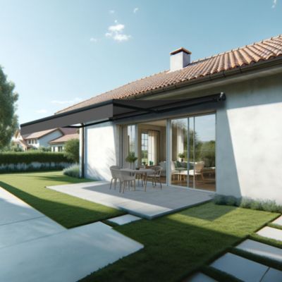 Store banne monobloc ESPAI 5,00x3,00m (Motorisé à interrupteur + manœuvre de secours - Gris Graphite - Gris anthracite)