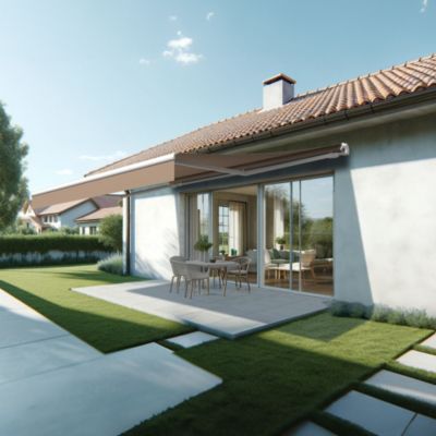 Store banne monobloc ESPAI 5,00x3,00m (Motorisé à télécommande + manœuvre de secours - Taupe - Blanc)