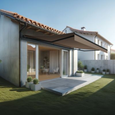 Store banne monobloc ESPAI 6,00x3,50m (Motorisé à interrupteur + manœuvre de secours - Taupe - Gris anthracite)