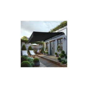 Store banne monobloc MEILE 4,20 x 3,00m (Motorisé à interrupteur + manœuvre de secours - Gris foncé - Gris anthracite)