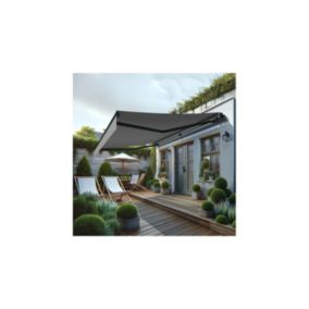 Store banne monobloc MEILE 4,80 x 3,50m (Motorisé à interrupteur + manœuvre de secours - Gris clair - Gris anthracite)