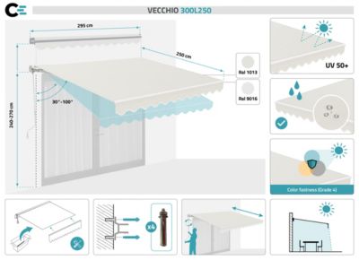 Store banne monobloc structure blanche VECCHIO 3x2,5m toile beige