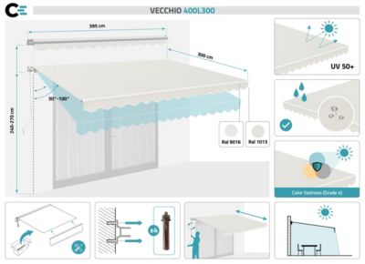 Store banne monobloc structure blanche VECCHIO 4x3m toile beige
