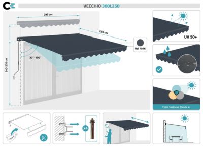 Store banne monobloc VECCHIO 3m x 2,5m - Toile premium 320g/m2 Gris