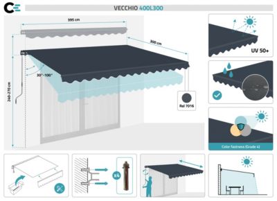 Store banne monobloc VECCHIO 4m x 3m - Toile premium 320g/m2 Gris