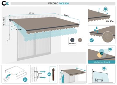 Store banne monobloc VECCHIO 4m x 3m - Toile premium 320g/m2 Taupe