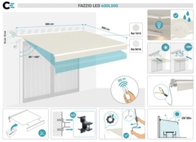 Store banne motorisé à LED semi-coffre structure blanche FAZZIO 4x3m toile beige