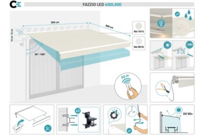 Store banne motorisé à LED semi-coffre structure blanche FAZZIO 4x3m toile beige