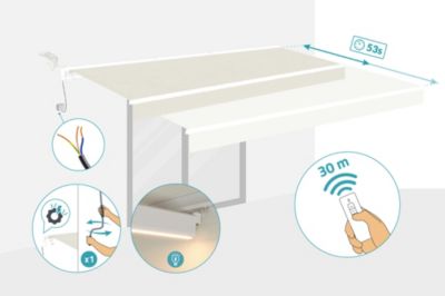 Store banne motorisé à LED semi-coffre structure blanche FAZZIO 4x3m toile beige