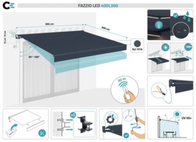 Store banne motorisé à LED semi-coffre structure grise FAZZIO 4x3m toile grise