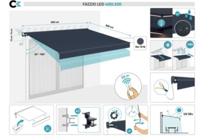 Store banne motorisé à LED semi-coffre structure grise FAZZIO 4x3m toile grise