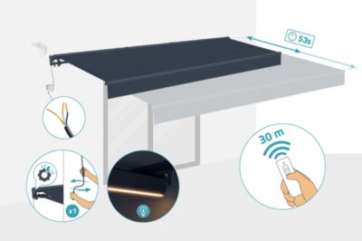 Store banne motorisé à LED semi-coffre structure grise FAZZIO 4x3m toile grise