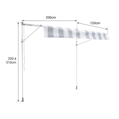 Store banne pour balcon CHENE 2 x 1,2m - Toile rayée blanche/grise et structure blanche - Happy Garden