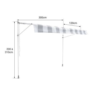 Store banne pour balcon CHENE 3 x 1,2m - Toile rayée blanche/grise et structure blanche - Happy Garden