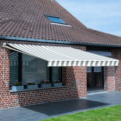 Store banne SAULE 2,5 x 2m - Toile rayée blanche/grise et structure blanche - HAPPY GARDEN