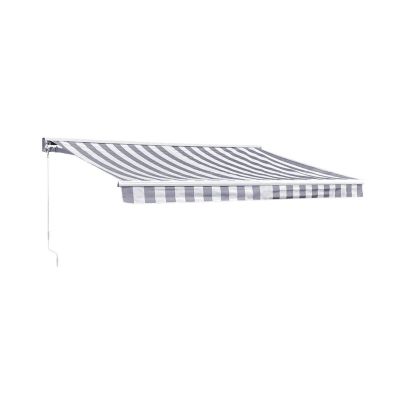 Store banne SAULE 3,5 x 3m avec semi-coffre - Toile rayée blanche/grise et structure blanche - HAPPY GARDEN