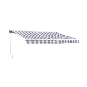 Store banne SAULE 3,5 x 3m avec semi-coffre - Toile rayée blanche/grise et structure blanche - HAPPY GARDEN