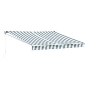 Store banne SAULE 3,5 x 3m - Toile rayée blanche/grise et structure blanche - HAPPY GARDEN