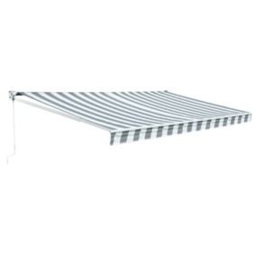 Store banne SAULE 3,95 x 3m - Toile rayée blanche/grise et structure blanche - HAPPY GARDEN