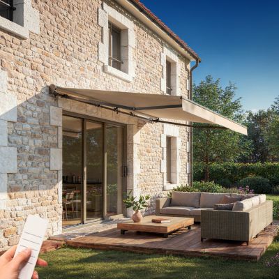 Store banne semi-coffre motorisé FAZZIO 5x3m - Toile premium 320g/m2 Beige