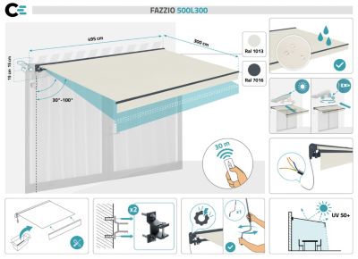 Store banne semi-coffre motorisé FAZZIO 5x3m - Toile premium 320g/m2 Beige