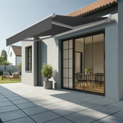 Store banne semi-coffre SARARI 3,00x2,00m (Motorisé à interrupteur + manœuvre de secours - Gris Graphite - Blanc)