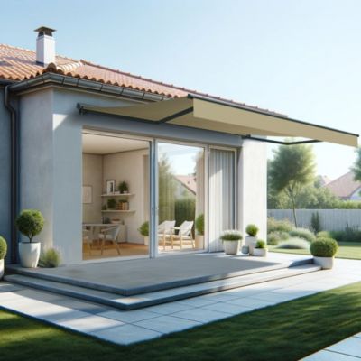 Store banne semi-coffre SARARI 5,00x3,00m (Manuelle - Ecru - Gris anthracite)