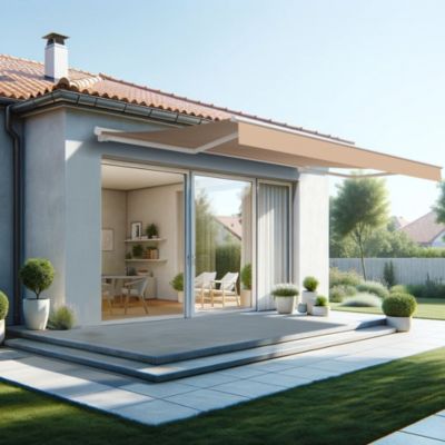 Store banne semi-coffre SARARI 5,00x3,00m (Manuelle - Taupe - Blanc)