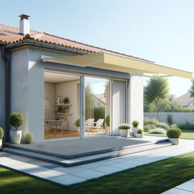 Store banne semi-coffre SARARI 5,00x3,00m (Motorisé à interrupteur + manœuvre de secours - Ecru - Blanc)