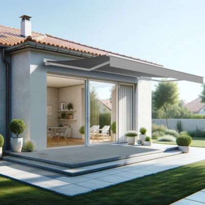 Store banne semi-coffre SARARI 5,00x3,00m (Motorisé à télécommande + manœuvre de secours - Gris Graphite - Blanc)