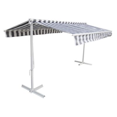 Store double pente FRENE sur pieds 3,95 x 3 m - Toile rayée blanche/grise et structure blanche - Happy Garden