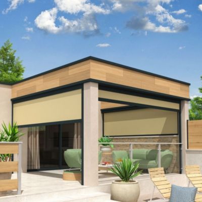 Store vertical LOLITE et HELIOLITE 2,50x2,50 M (Motorisé à Télécommande - Armature gris - Toile micro-perforée crème)