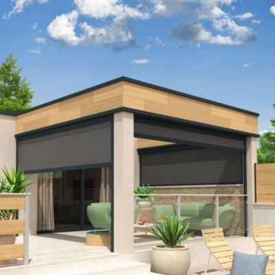 Store vertical LOLITE et HELIOLITE 3,00x2,50 M (Motorisé à Télécommande - Armature gris - Toile micro-perforée gris anthracite)