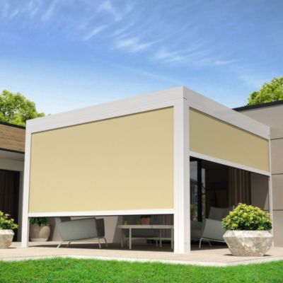 Store vertical LOLITE et HELIOLITE 4,50x2,50 M (Motorisé à Télécommande - Blanc - Toile micro-perforée crème)