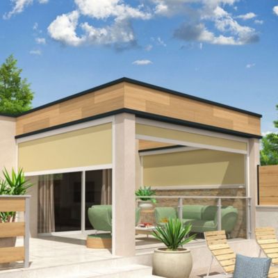Store vertical LOLITE et HELIOLITE 4,50x2,50 M (Motorisé à Télécommande - Blanc - Toile micro-perforée crème)