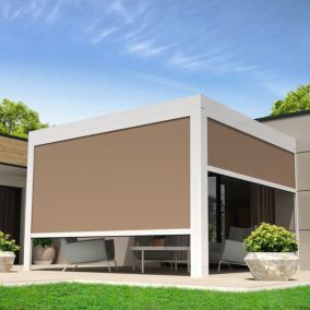 Store vertical pour pergola LOLITE et HELIOLITE 3,50x2,50 M (Motorisé à Télécommande - Blanc satiné RAL9010 - Taupe)