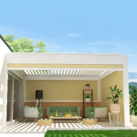 Store vertical pour pergola SPINELLE et HYLIA 5,00x2,50 M (Motorisé à Télécommande - Blanc satiné RAL9010 - Écru)