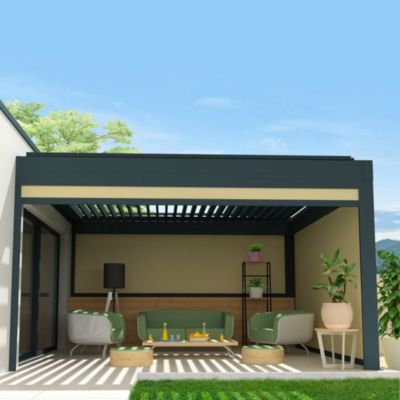 Store vertical SPINELLE et HYLIA 2,50x2,50 M (Motorisé à Télécommande - Armature gris - Toile micro-perforée crème)