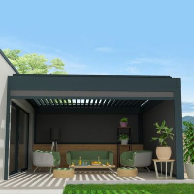 Store vertical SPINELLE et HYLIA 4,50x2,50 M (Motorisé à Télécommande - Armature gris - Toile micro-perforée gris anthracite)