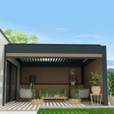 Store vertical SPINELLE et HYLIA 4,50x2,50 M (Motorisé à Télécommande - Armature gris - Toile micro-perforée taupe)