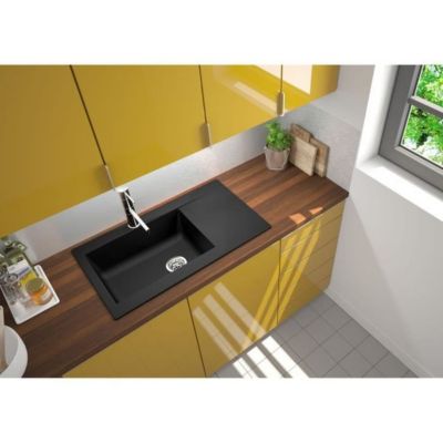 STRADOUR Evier cuisine a encastrer 1 grand bac + 1 egouttoir Einna - Resine - 86 x 50 cm - Noir