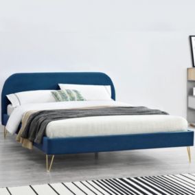 Structure de lit 160 x 200 cm en velours et laiton bleu - PHOENIX
