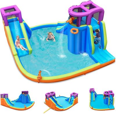 Structure Gonflable Exterieur Enfant avec Double Toboggan,Pistolet à Eau,Mur d'escalade,Panier de Basket,Pour Enfants