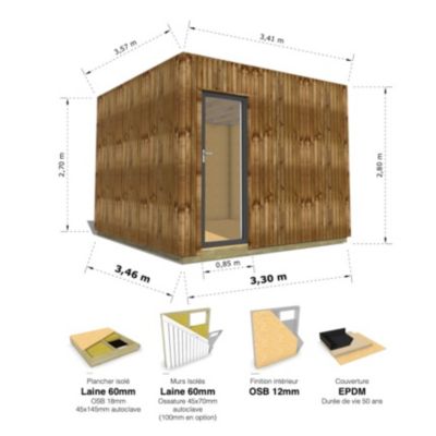 STUDIO DE JARDIN / 11,8 m2 - 3,35 x 3,52m / Plancher isolé / Bardage Brun / Intérieur OSB / Livraison Gratuite