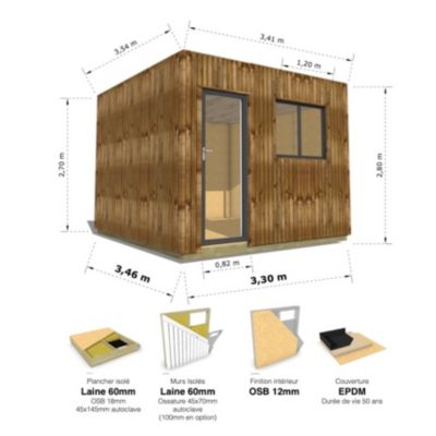 STUDIO DE JARDIN / 11,8 m2 - 3,35 x 3,52m / Plancher isolé / Bardage Brun / Intérieur OSB / Livraison Gratuite