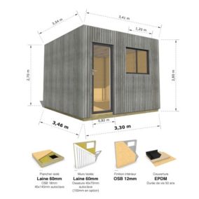 STUDIO DE JARDIN / 11,8 m2 - 3,35 x 3,52m / Plancher isolé / Bardage Gris / Intérieur OSB / Livraison Gratuite